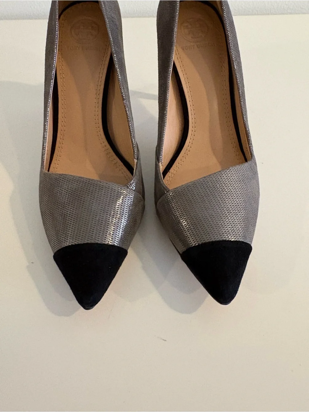 Tory Burch || Shaila Pewter Metallic Pump Cap Toe Silver Black 7.5
